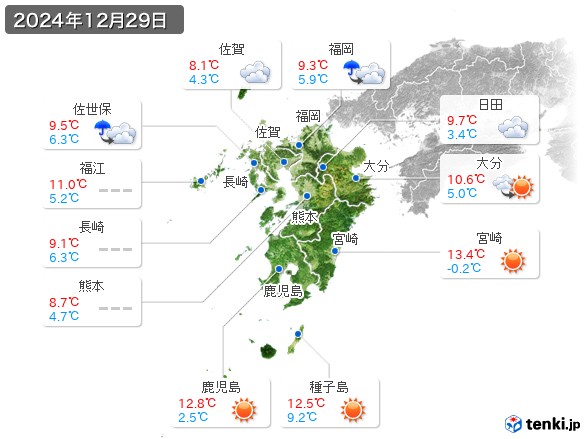 九州地方(2024年12月29日の天気