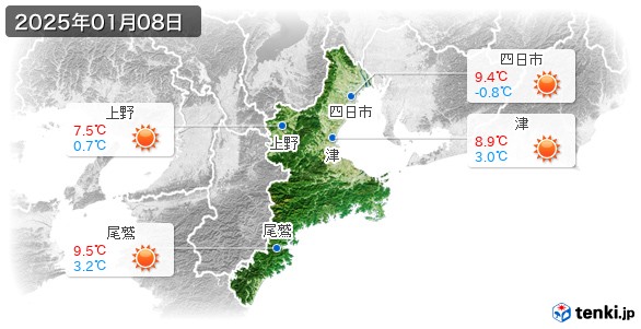 三重県(2025年01月08日の天気