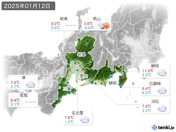 東海地方(2025年01月12日の天気