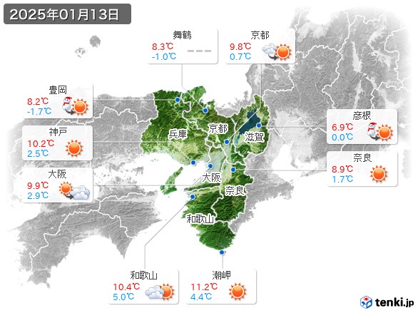 近畿地方(2025年01月13日の天気