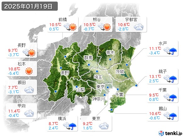 関東・甲信地方(2025年01月19日の天気