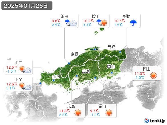 中国地方(2025年01月26日の天気