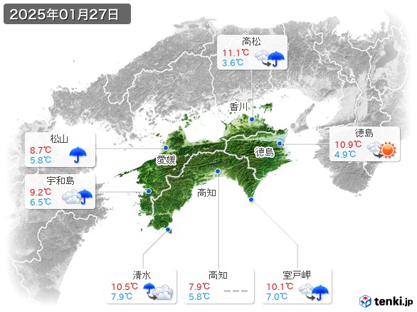 四国地方(2025年01月27日の天気