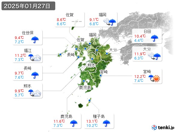 九州地方(2025年01月27日の天気