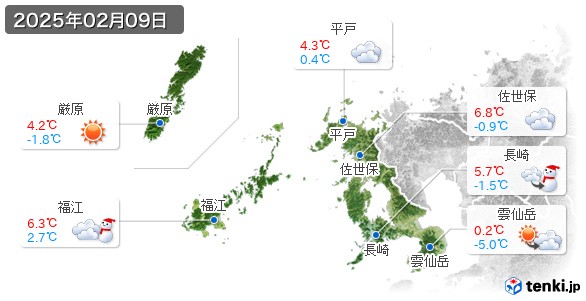 長崎県(2025年02月09日の天気