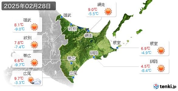 道東(2025年02月28日の天気