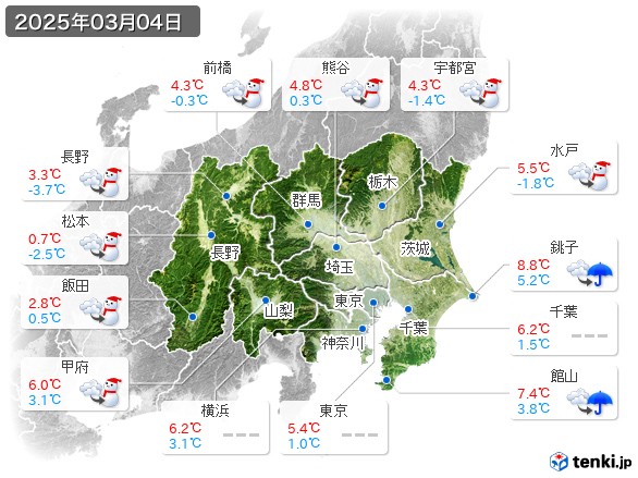 関東・甲信地方(2025年03月04日の天気