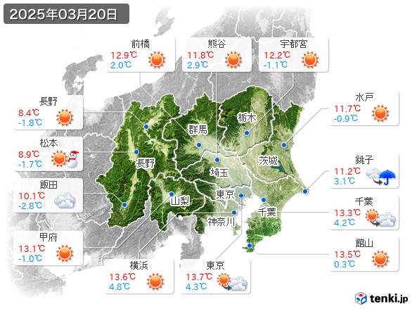 関東・甲信地方(2025年03月20日の天気