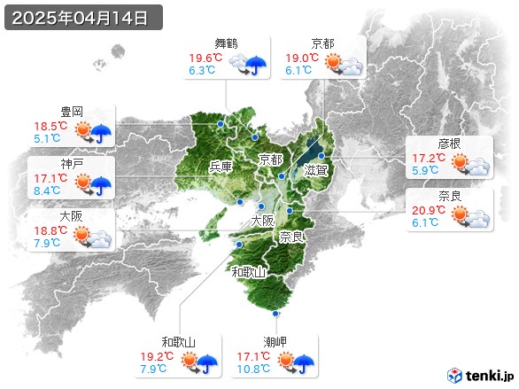 近畿地方(2025年04月14日の天気