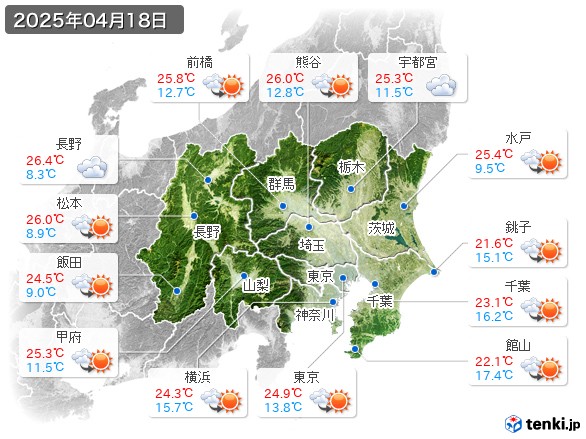 関東・甲信地方(2025年04月18日の天気