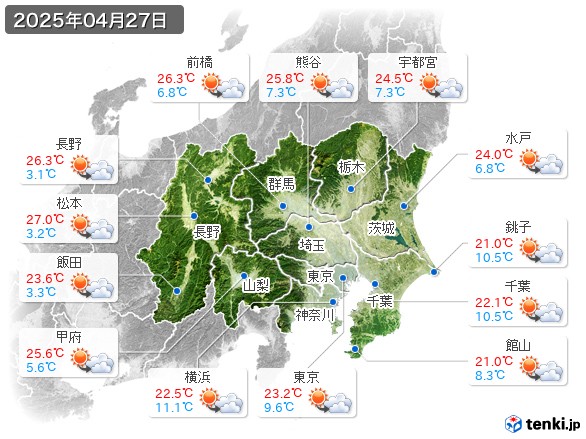 関東・甲信地方(2025年04月27日の天気