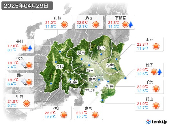 関東・甲信地方(2025年04月29日の天気