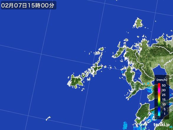 五島列島(長崎県)の雨雲レーダー(2015年02月07日)