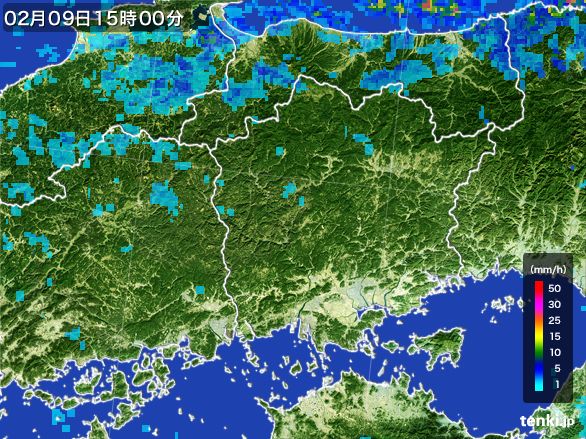 岡山県の雨雲レーダー(2015年02月09日)