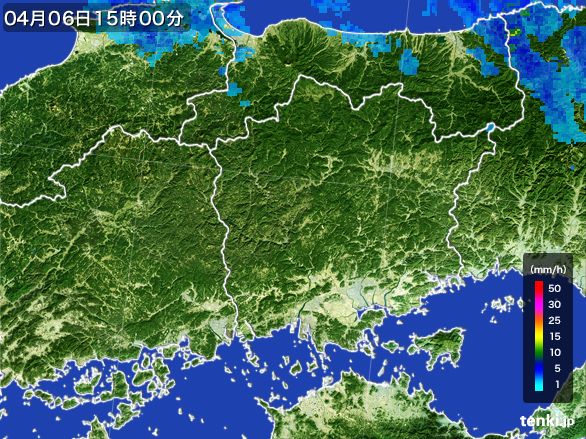岡山県の雨雲レーダー(2015年04月06日)