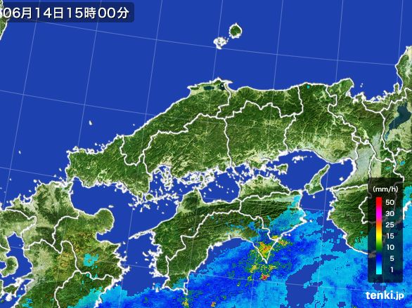 中国地方の雨雲レーダー(2015年06月14日)