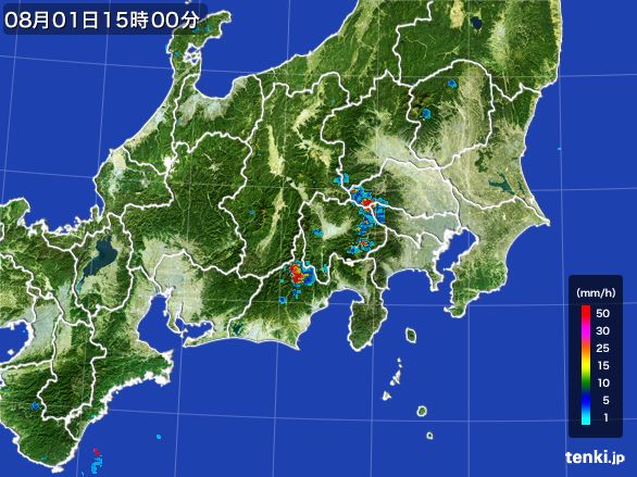 関東・甲信地方の雨雲レーダー(2015年08月01日)