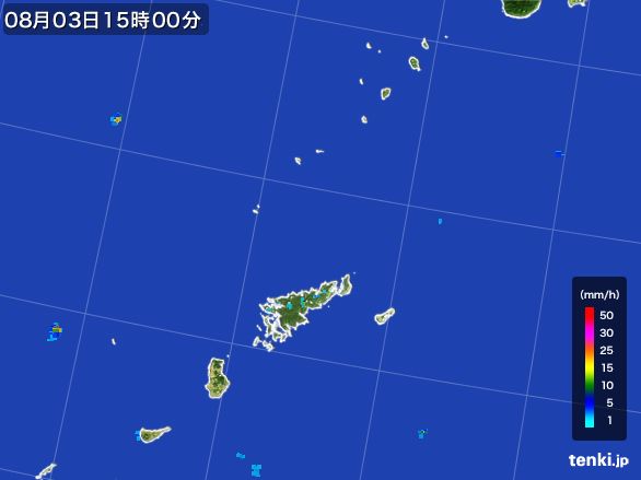 奄美諸島(鹿児島県)の雨雲レーダー(2015年08月03日)