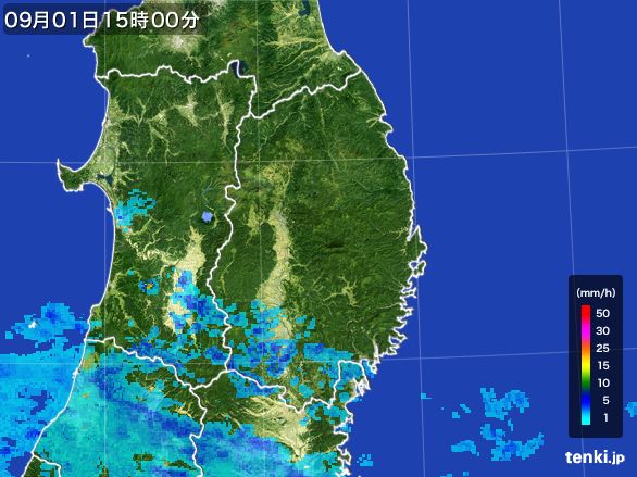岩手県の雨雲レーダー(2015年09月01日)