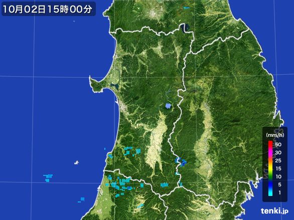 秋田県の雨雲レーダー(2015年10月02日)