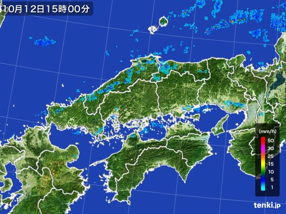 中国地方の雨雲レーダー(2015年10月12日)
