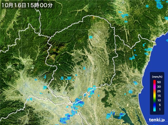 栃木県の雨雲レーダー(2015年10月16日)