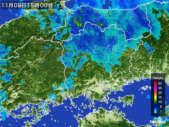 岡山県の雨雲レーダー(2015年11月08日)