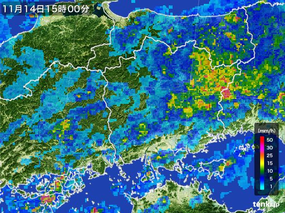 岡山県の雨雲レーダー(2015年11月14日)