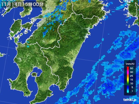 宮崎県の雨雲レーダー(2015年11月14日)