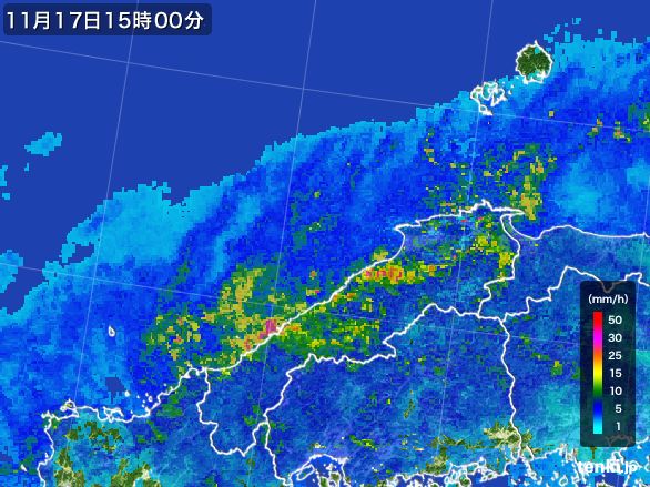 島根県の雨雲レーダー(2015年11月17日)