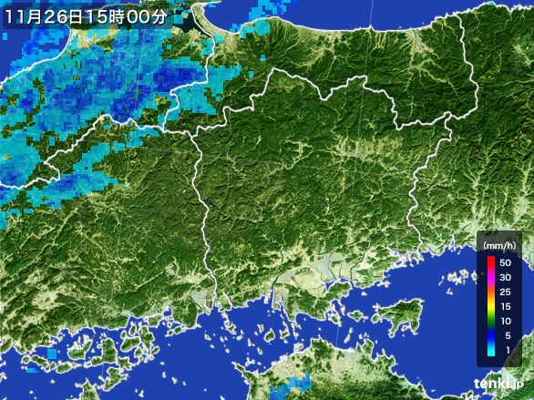 岡山県の雨雲レーダー(2015年11月26日)