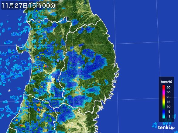 岩手県の雨雲レーダー(2015年11月27日)