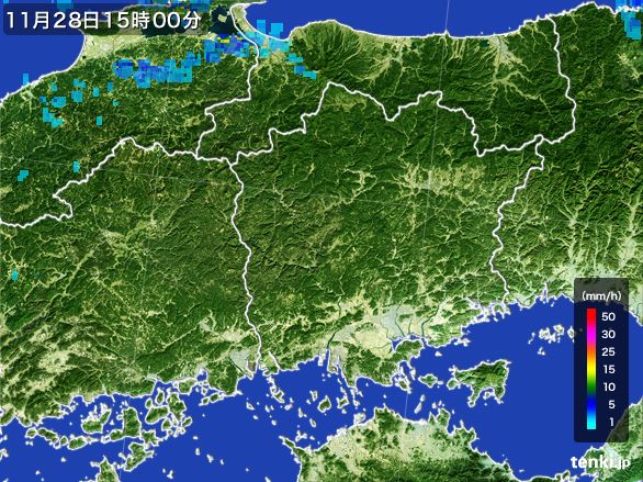 岡山県の雨雲レーダー(2015年11月28日)