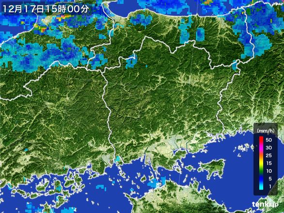 岡山県の雨雲レーダー(2015年12月17日)