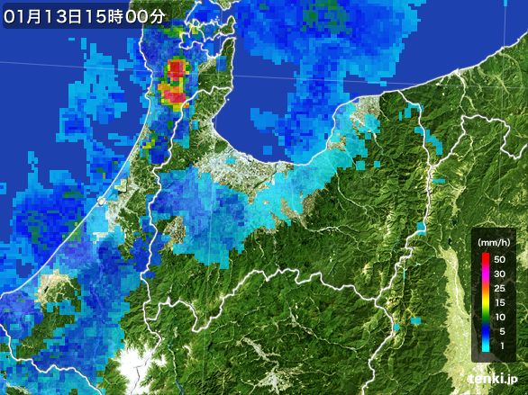 富山県の雨雲レーダー(2016年01月13日)
