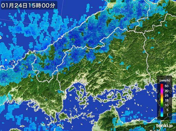 広島県の雨雲レーダー(2016年01月24日)