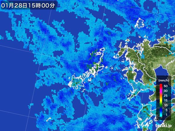 五島列島(長崎県)の雨雲レーダー(2016年01月28日)