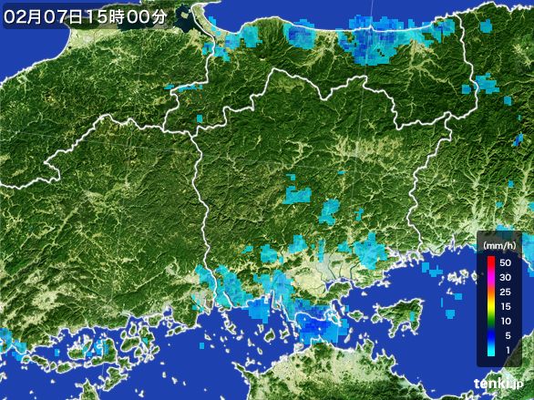 岡山県の雨雲レーダー(2016年02月07日)