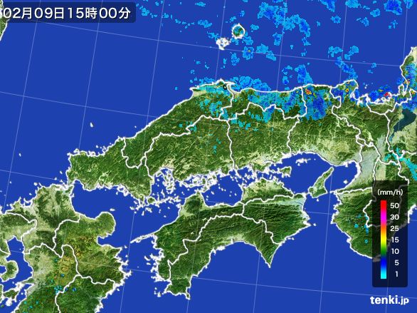 中国地方の雨雲レーダー(2016年02月09日)