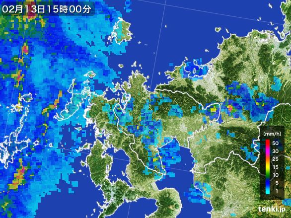 佐賀県の雨雲レーダー(2016年02月13日)