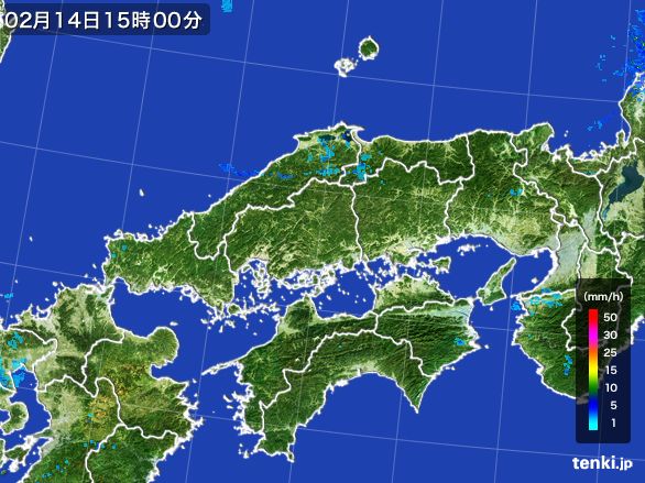 中国地方の雨雲レーダー(2016年02月14日)
