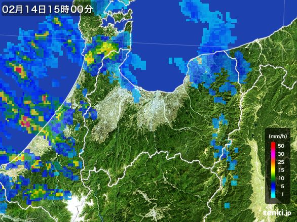 富山県の雨雲レーダー(2016年02月14日)