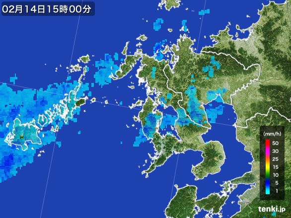 長崎県の雨雲レーダー(2016年02月14日)