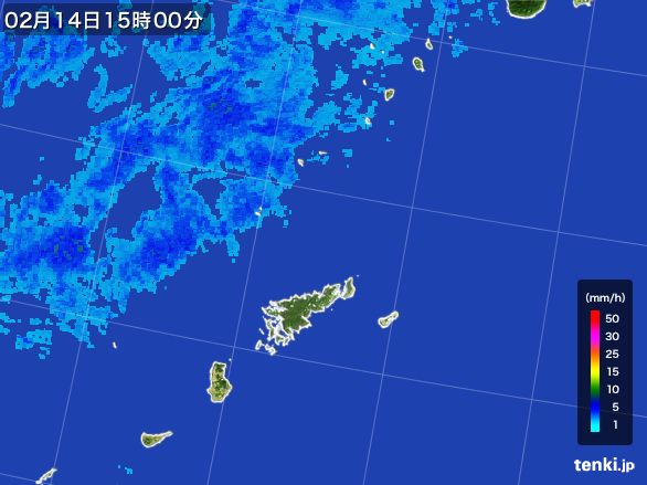 奄美諸島(鹿児島県)の雨雲レーダー(2016年02月14日)