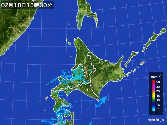 北海道地方の雨雲レーダー(2016年02月18日)