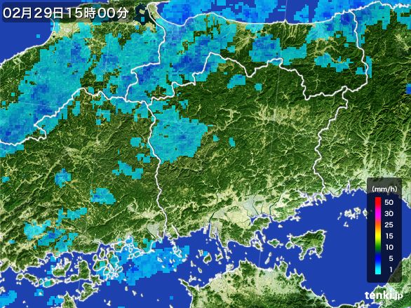 岡山県の雨雲レーダー(2016年02月29日)