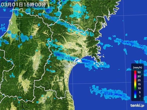 宮城県の雨雲レーダー(2016年03月01日)