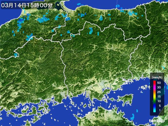 岡山県の雨雲レーダー(2016年03月14日)