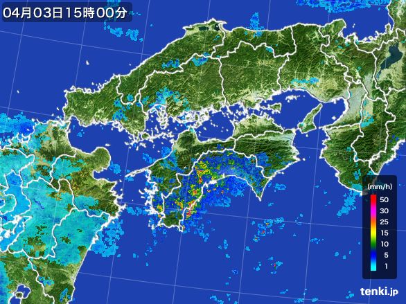 四国地方の雨雲レーダー(2016年04月03日)
