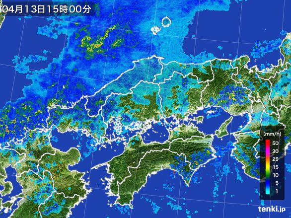 中国地方の雨雲レーダー(2016年04月13日)